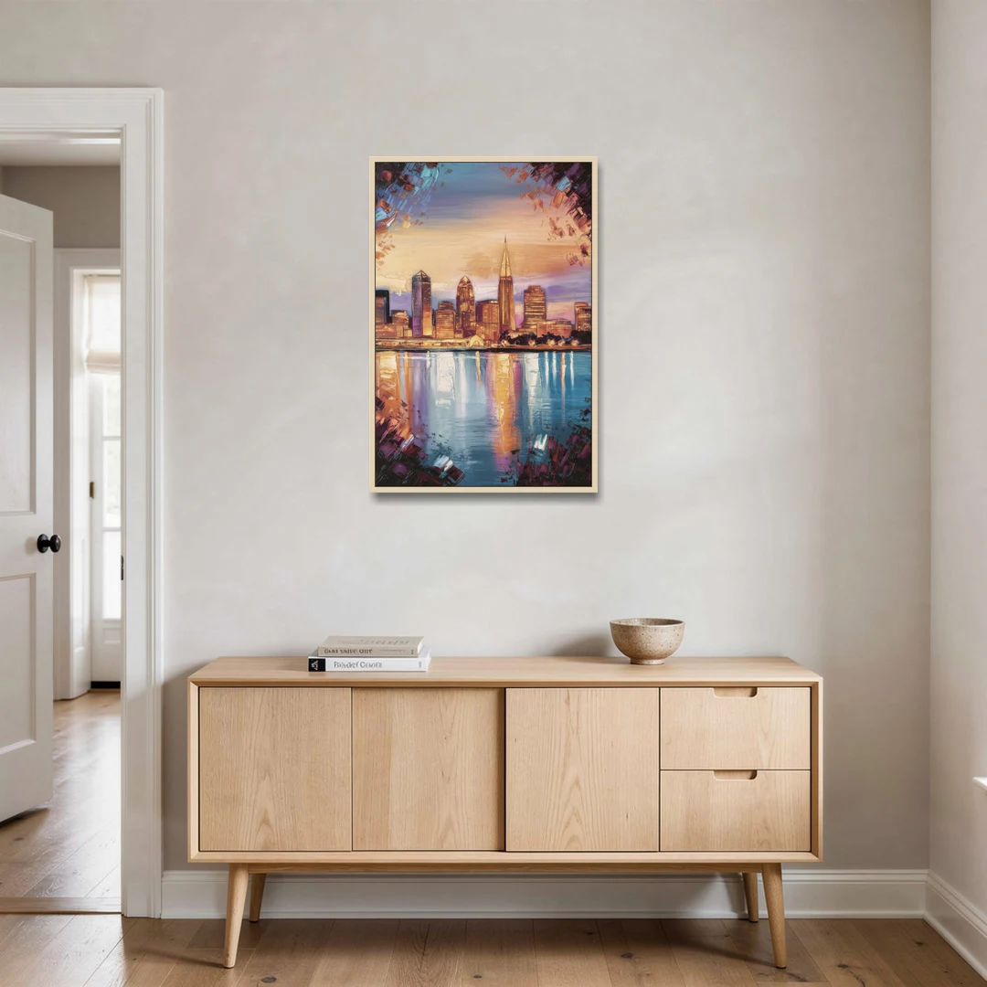 Cleveland Skyline Reflection - Oak Framed Canvas Wall Art - Coffee Table - 24x36
