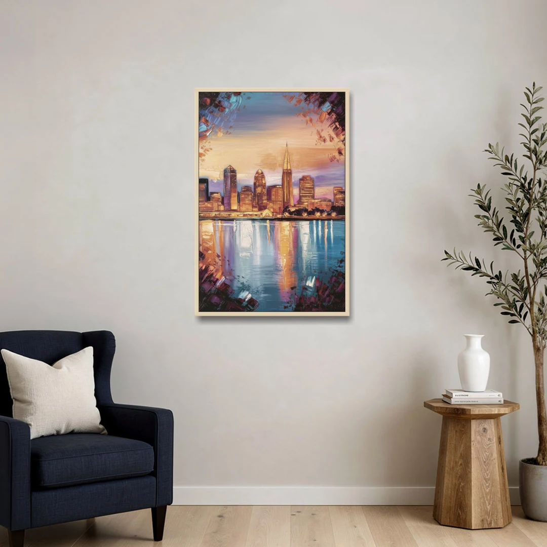 Cleveland Skyline Reflection - Oak Framed Canvas Wall Art - Sofa - 24x36