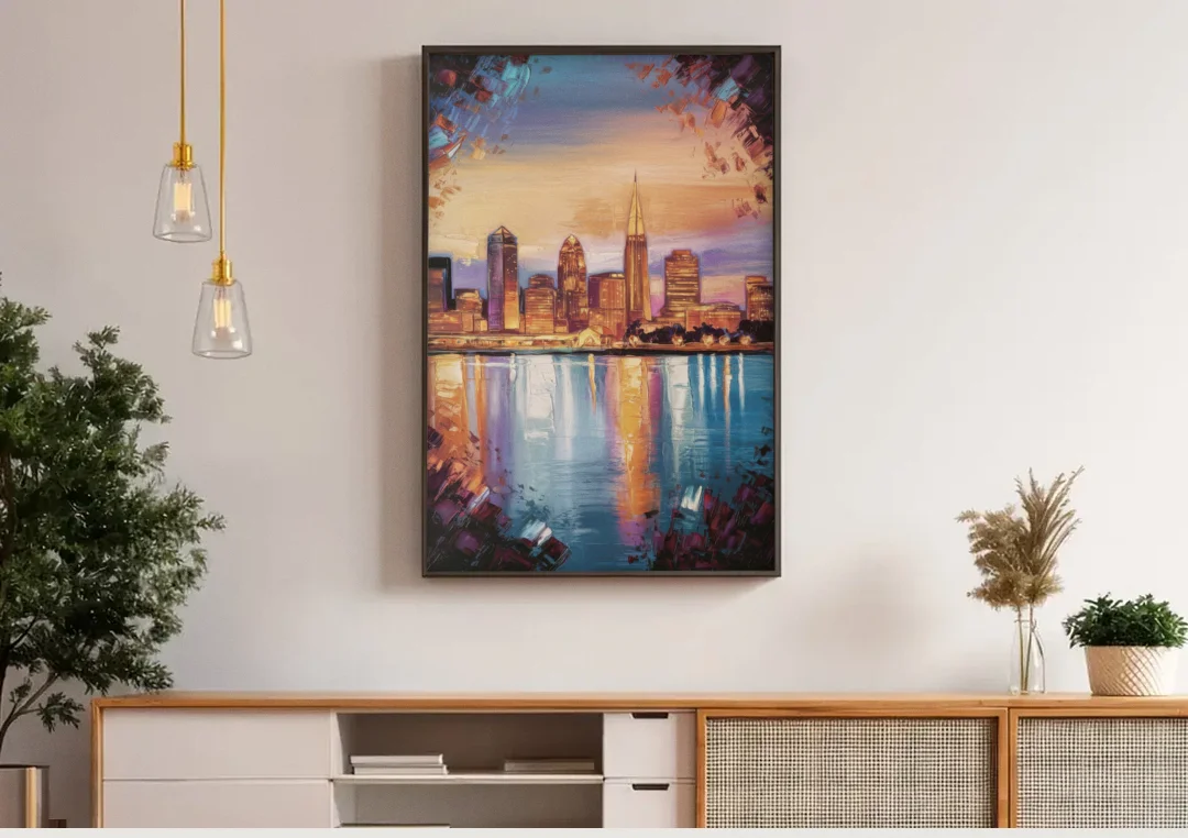 Cleveland Skyline Reflection canvas wall art above a wooden sideboard under pendant lights