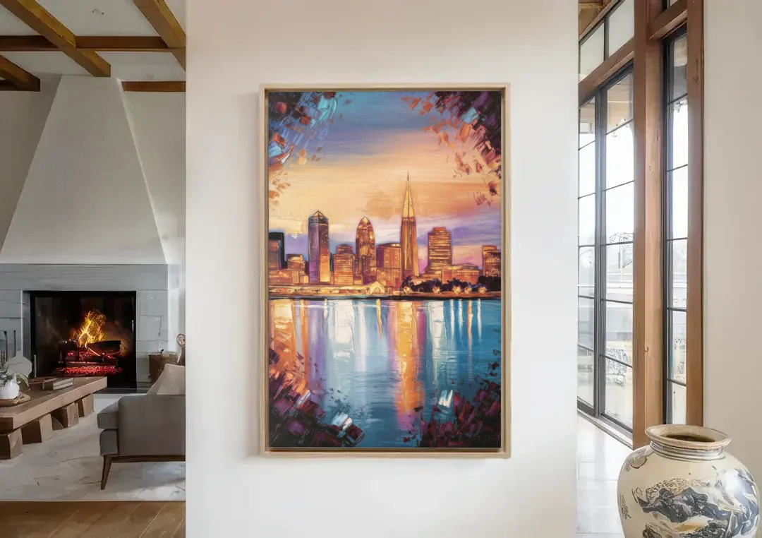 Cleveland Skyline Reflection canvas wall art in a living room with a fireplace