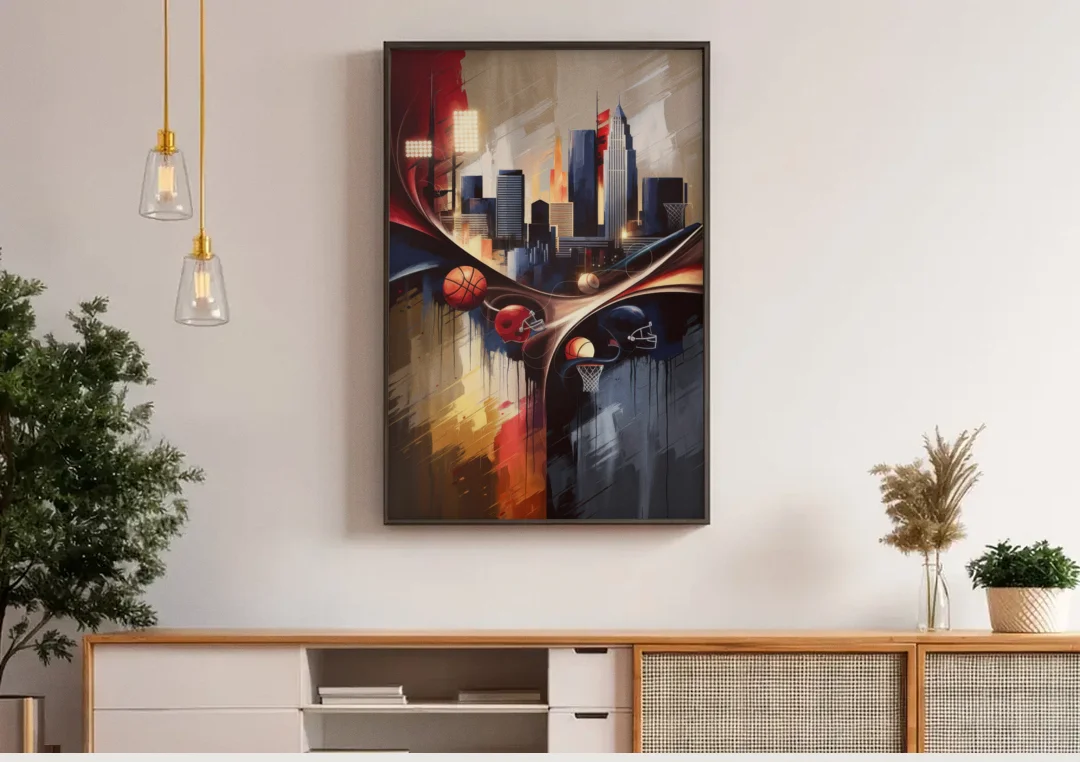 Cleveland Sports Team Spirit canvas wall art above a wooden sideboard under pendant lights