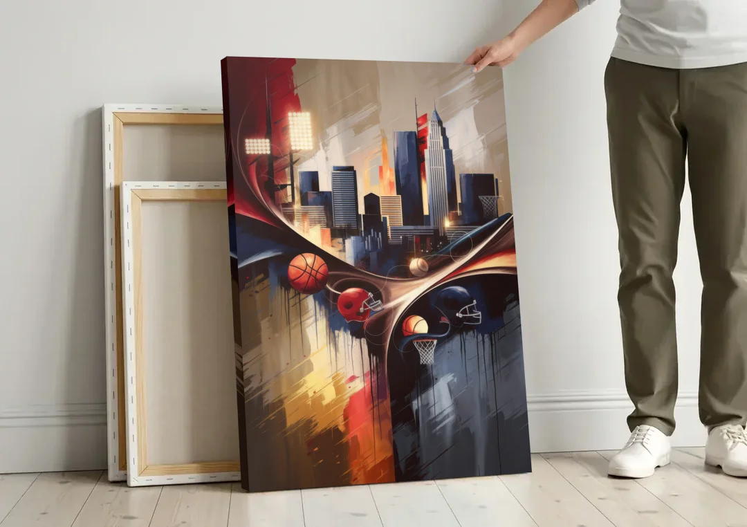 Cleveland Sports Team Spirit canvas wall art leaning against a wall next to blank canvases