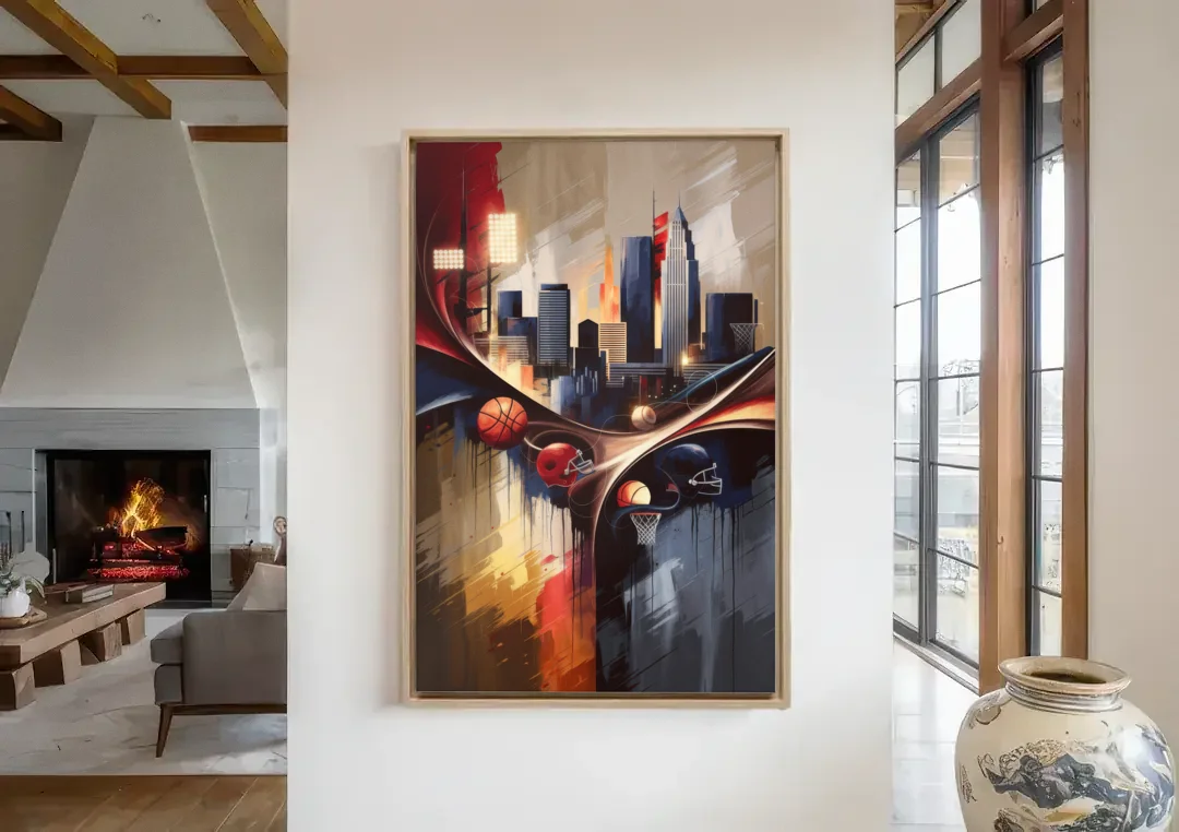 Cleveland Sports Team Spirit canvas wall art in a living room with a fireplace