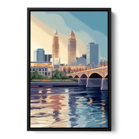 Cleveland Waterfront Views - Black Framed Canvas Wall Art - Front