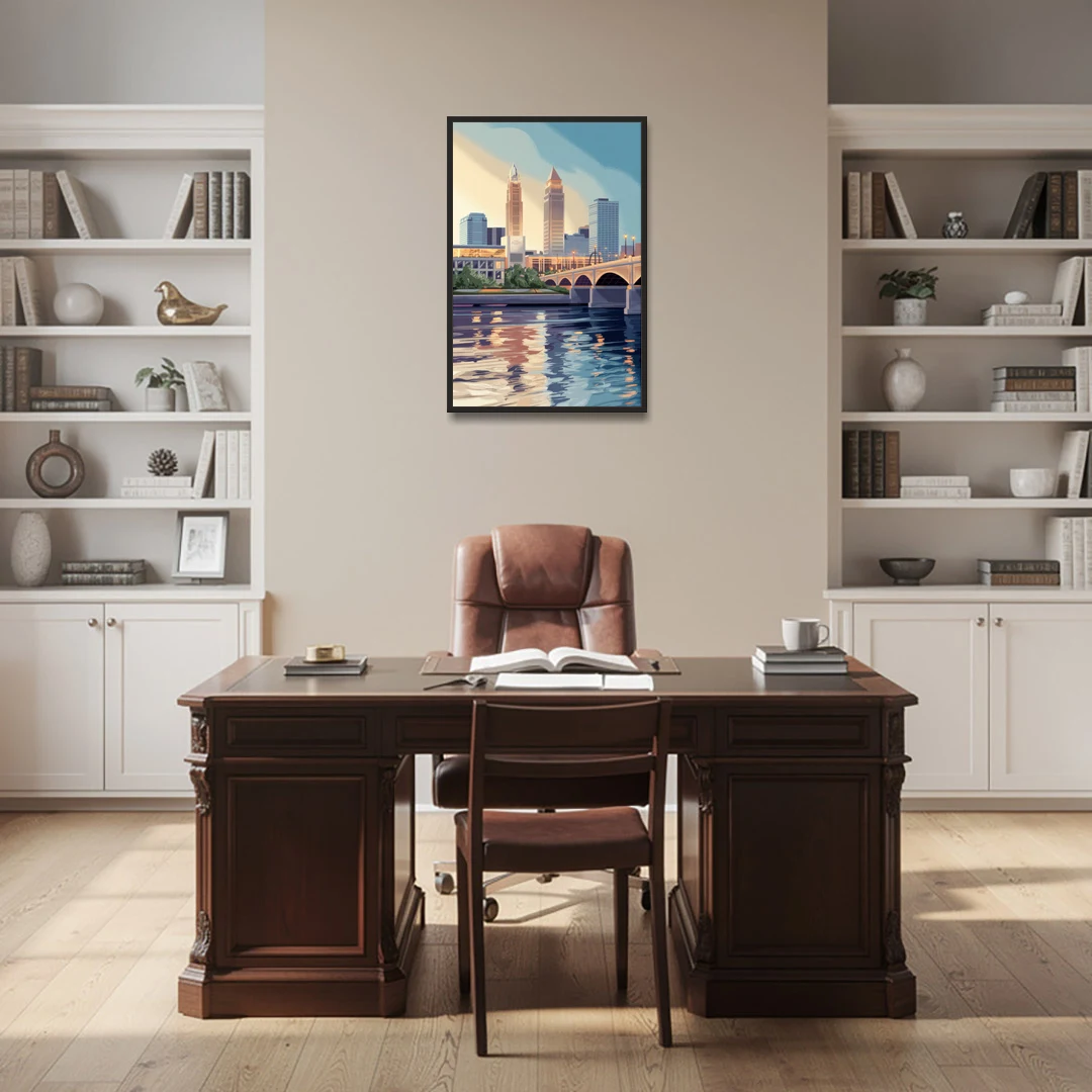 Cleveland Waterfront Views - Black Framed Canvas Wall Art - Office - 24x36