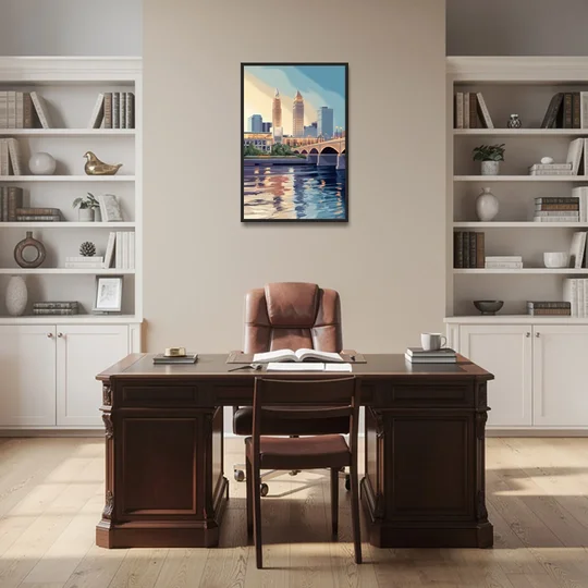 Cleveland Waterfront Views - Black Framed Canvas Wall Art - Office - 24x36