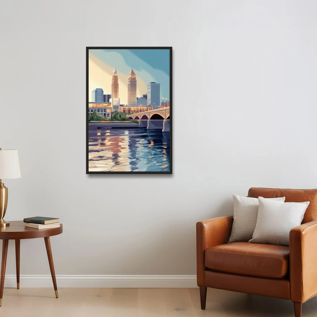 Cleveland Waterfront Views - Black Framed Canvas Wall Art - Sofa - 24x36