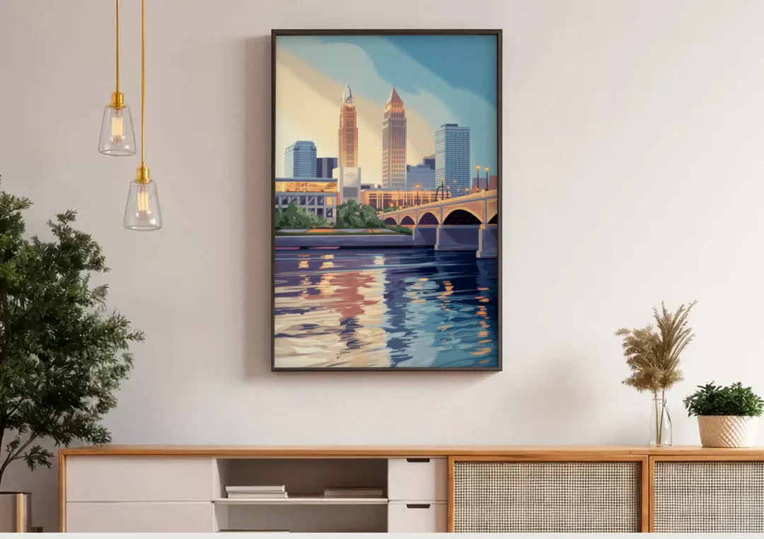 Cleveland Waterfront Views canvas wall art above a wooden sideboard under pendant lights
