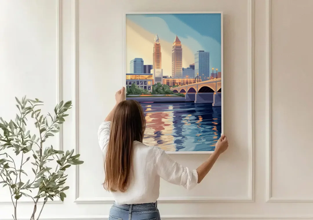 Cleveland Waterfront Views canvas wall art being hung on a paneled wall