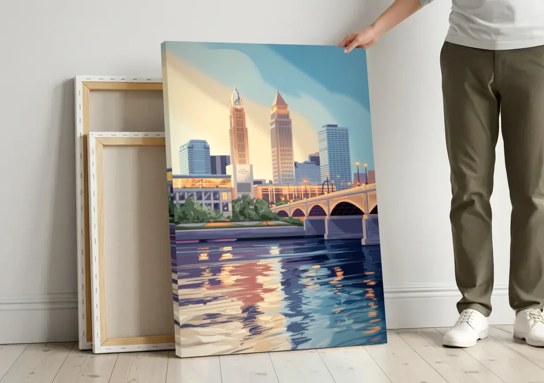Cleveland Waterfront Views canvas wall art leaning against a wall next to blank canvases