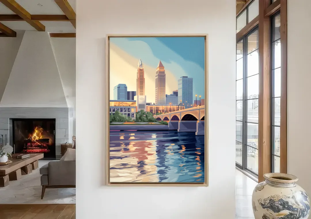 Cleveland Waterfront Views canvas wall art in a living room with a fireplace