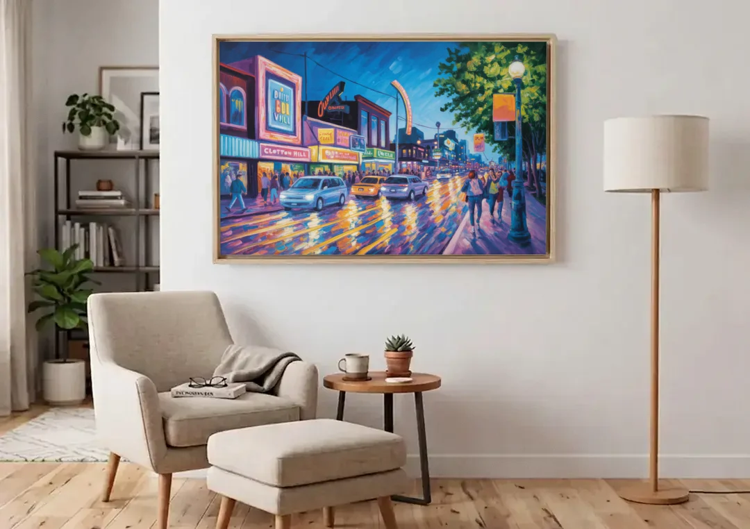 Clifton Hill Neon Lights canvas wall art above an armchair in a bright living room