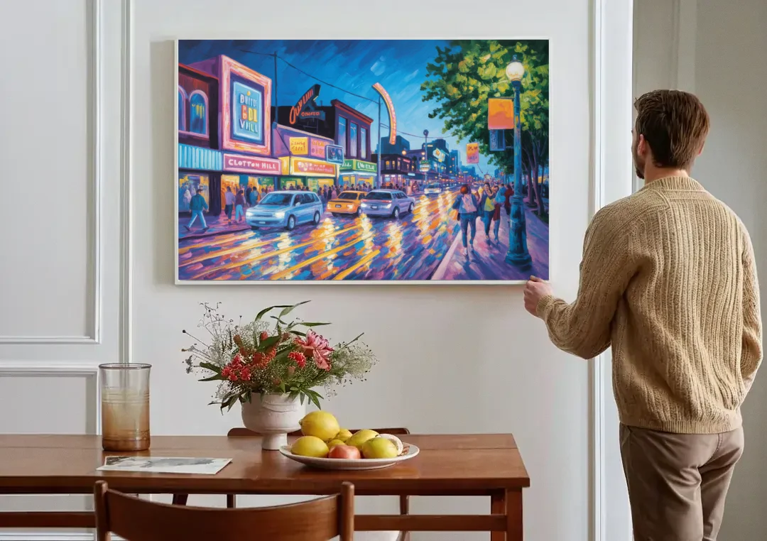 Clifton Hill Neon Lights canvas wall art above a dining table