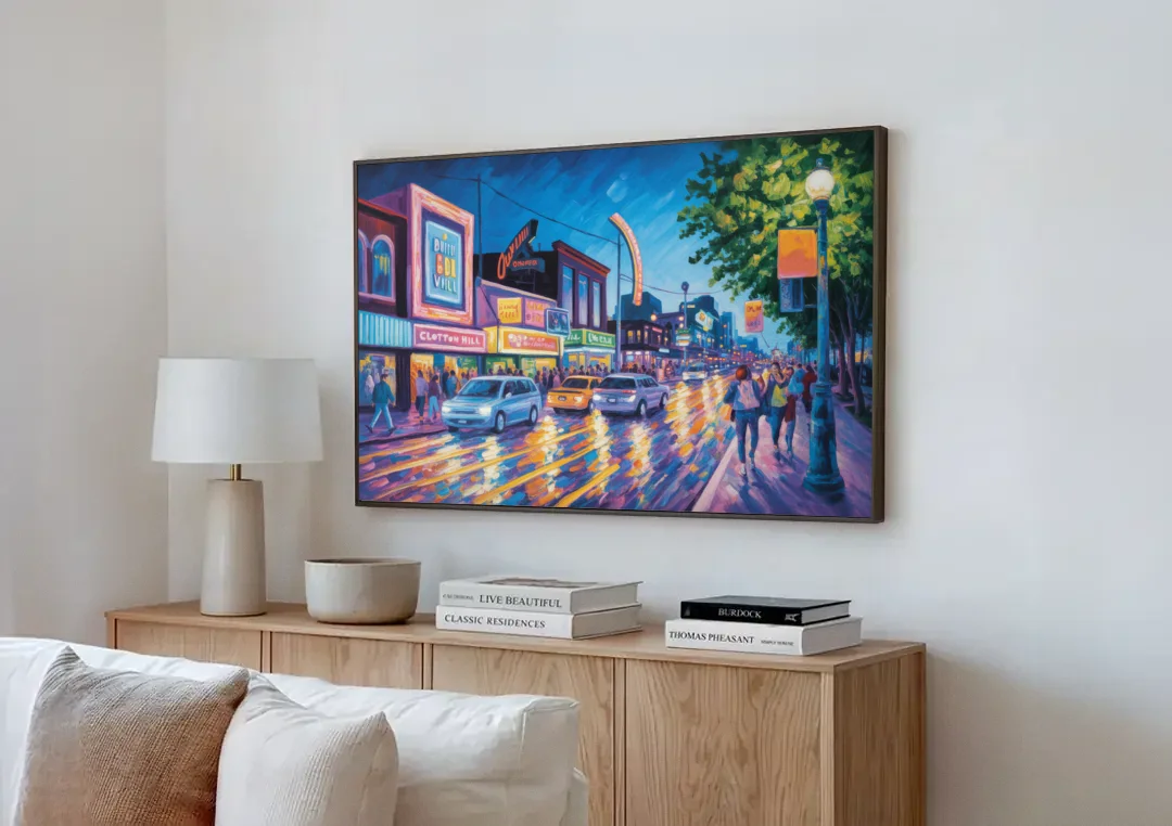 Clifton Hill Neon Lights canvas wall art above a wooden sideboard next to a sofa