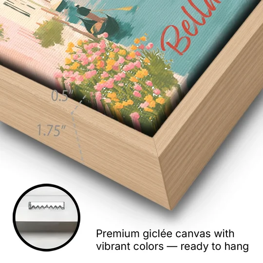 Clothesline Painting Over a Venice Canal - Oak Framed Canvas Wall Art - Gallery Wrap Corner