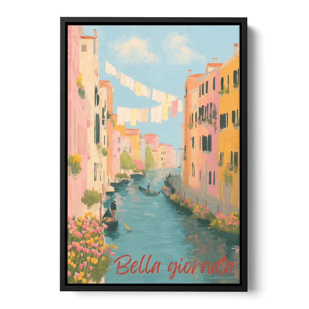 Clothesline Painting Over a Venice Canal - Black Framed Canvas Wall Art - Front