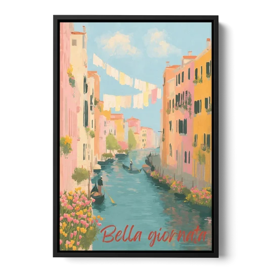 Clothesline Painting Over a Venice Canal - Black Framed Canvas Wall Art - Front