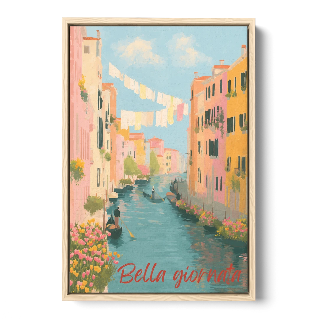 Clothesline Painting Over a Venice Canal - Oak Framed Canvas Wall Art - Front