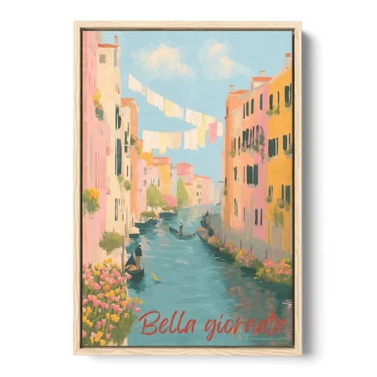 Clothesline Painting Over a Venice Canal - Oak Framed Canvas Wall Art - Front