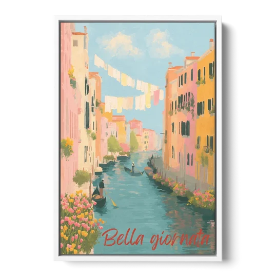 Clothesline Painting Over a Venice Canal - White Framed Canvas Wall Art - Front