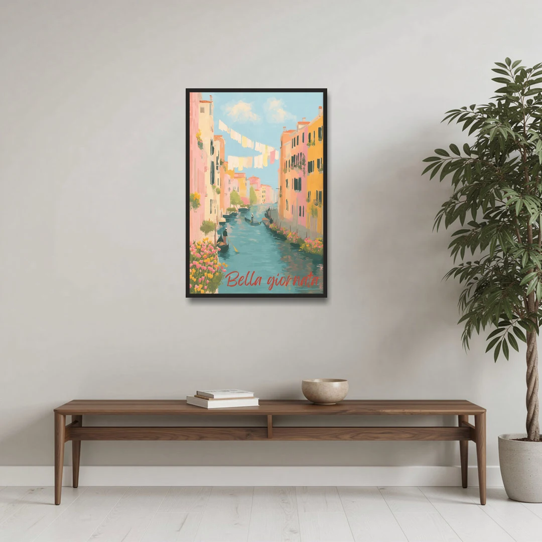 Clothesline Painting Over a Venice Canal - Black Framed Canvas Wall Art - Coffee Table - 24x36