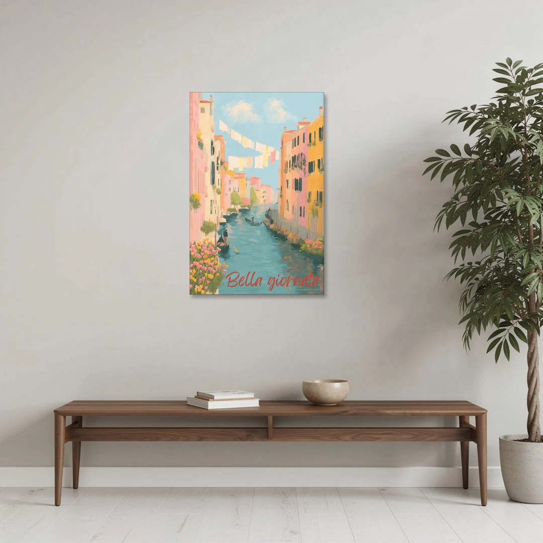 Clothesline Painting Over a Venice Canal - Canvas Wall Art - Coffee Table - 24x36