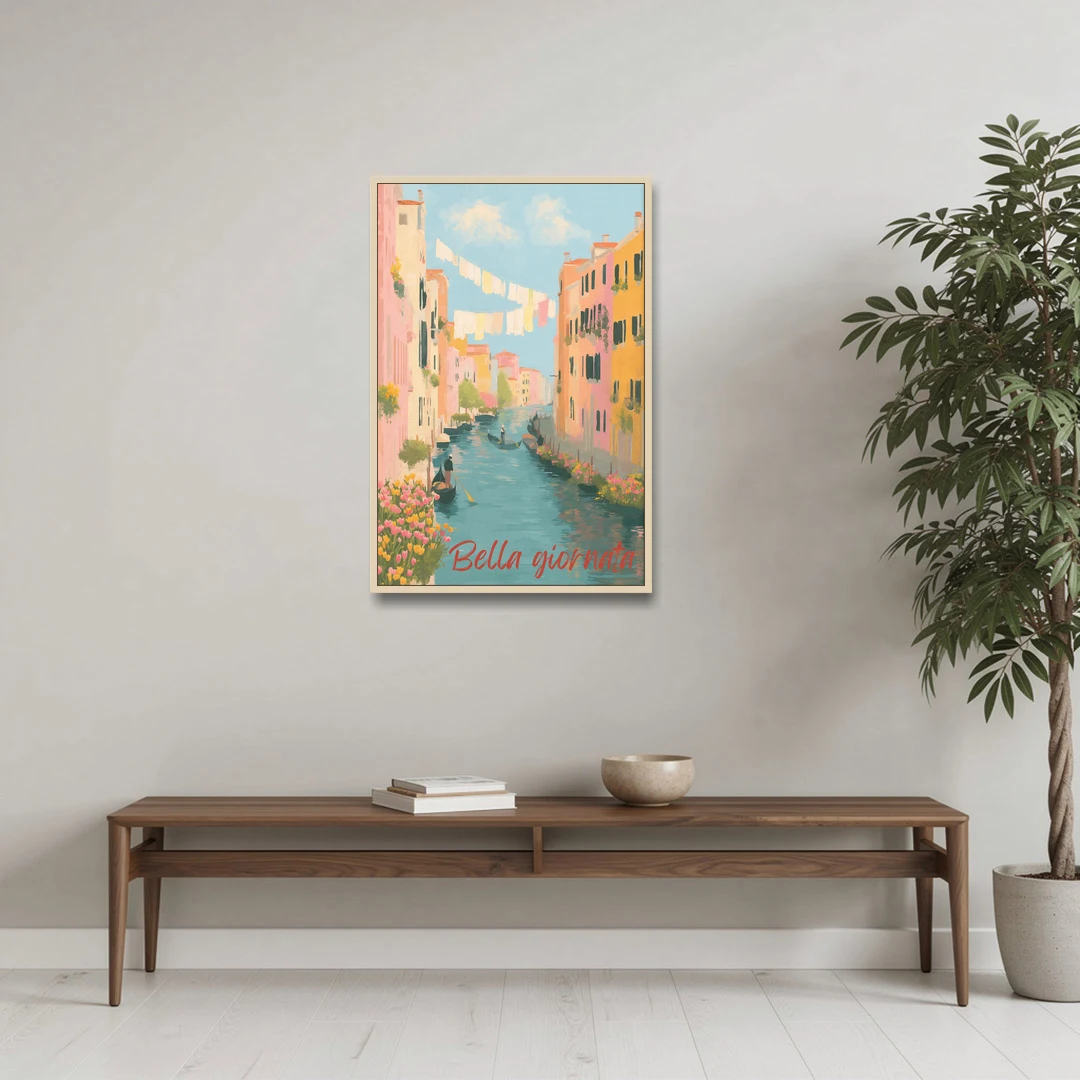 Clothesline Painting Over a Venice Canal - Oak Framed Canvas Wall Art - Coffee Table - 24x36