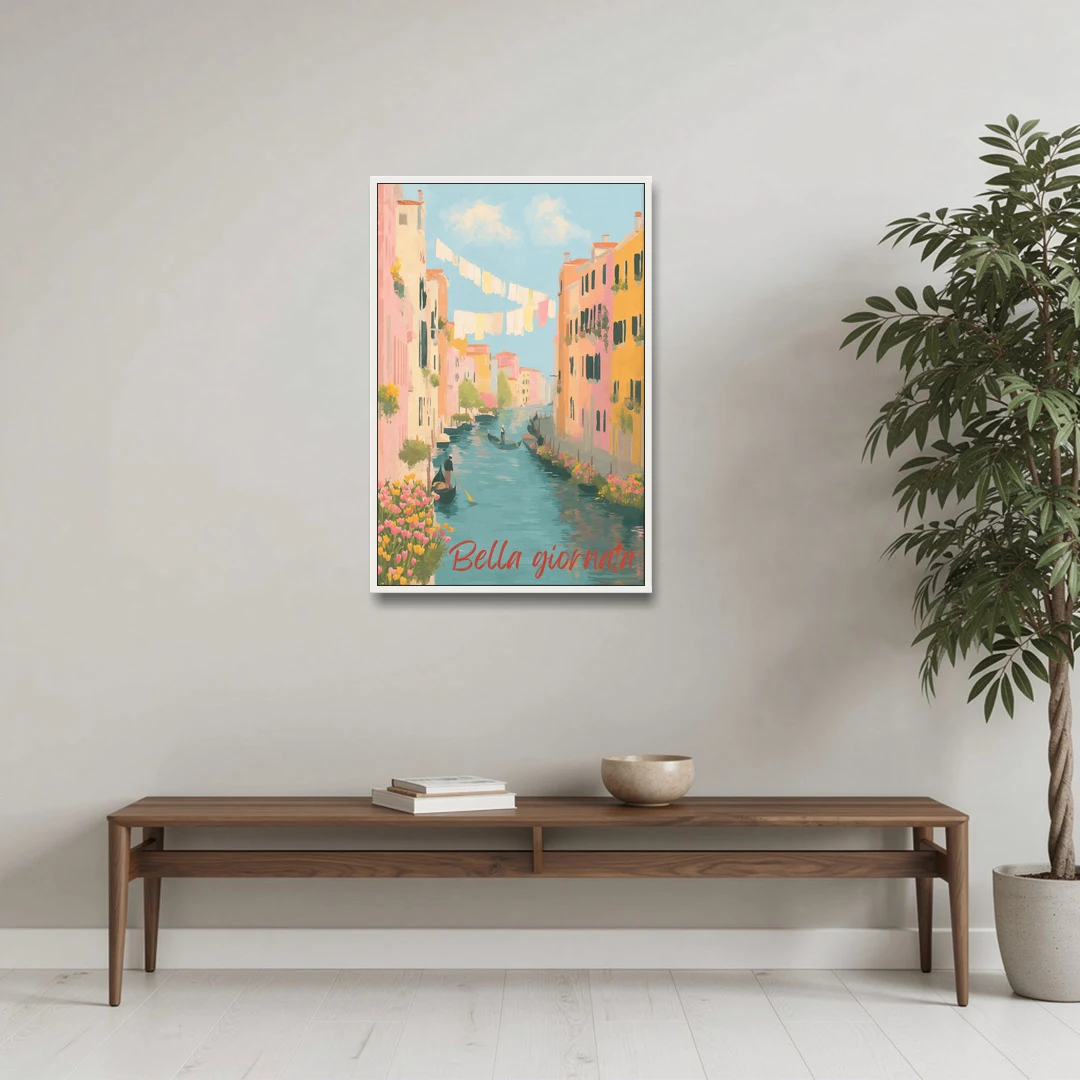 Clothesline Painting Over a Venice Canal - White Framed Canvas Wall Art - Coffee Table - 24x36