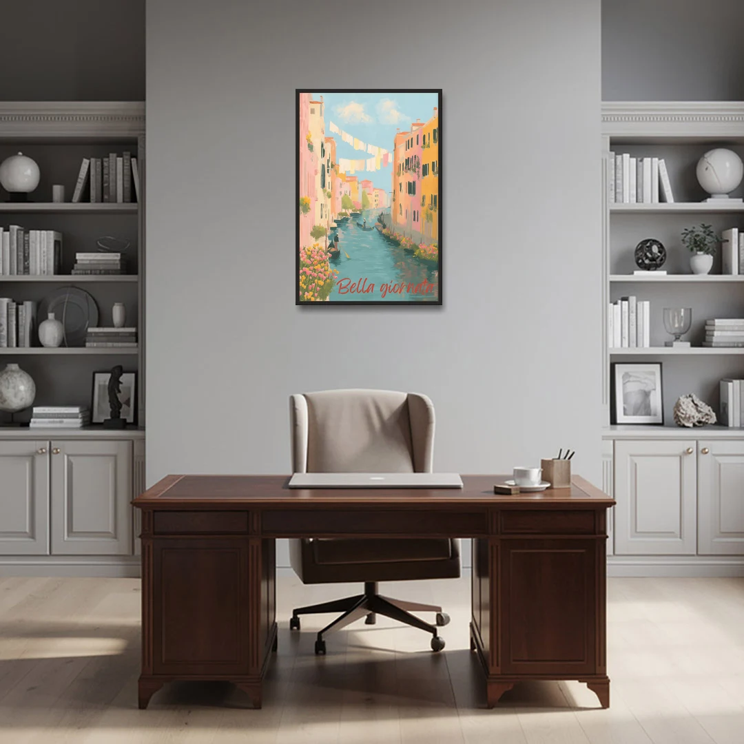 Clothesline Painting Over a Venice Canal - Black Framed Canvas Wall Art - Office - 24x36