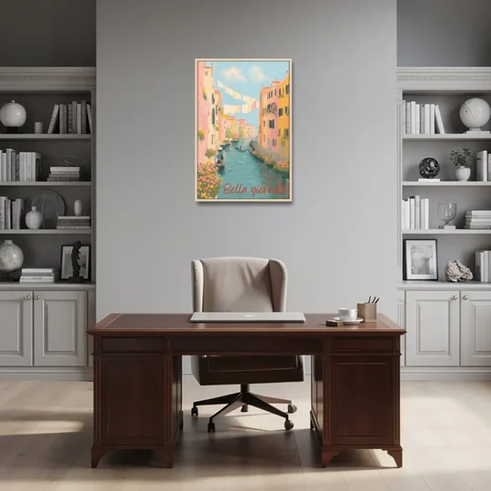 Clothesline Painting Over a Venice Canal - Oak Framed Canvas Wall Art - Office - 24x36