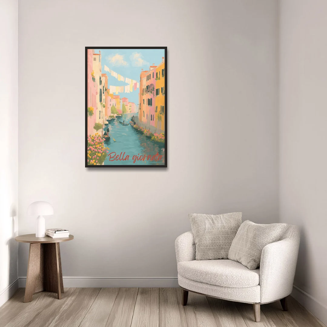 Clothesline Painting Over a Venice Canal - Black Framed Canvas Wall Art - Sofa - 24x36