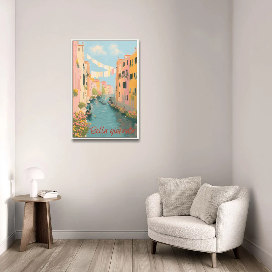 Clothesline Painting Over a Venice Canal - White Framed Canvas Wall Art - Sofa - 24x36