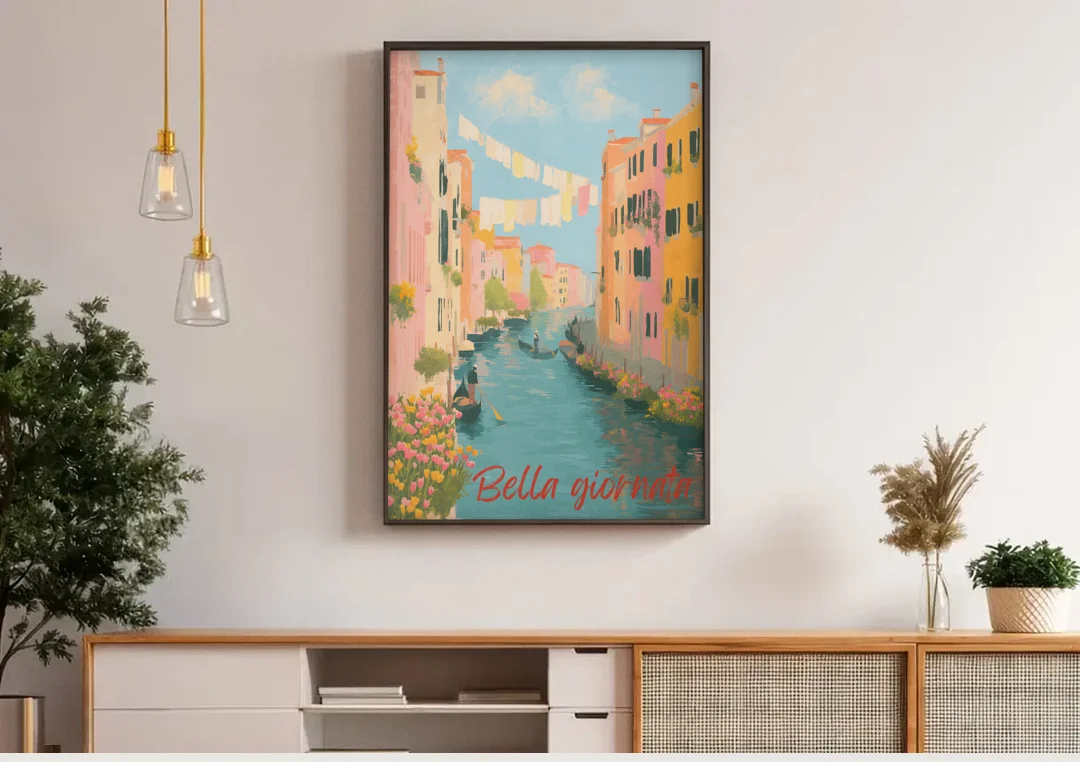 Clothesline Painting Over a Venice Canal canvas wall art above a wooden sideboard under pendant lights