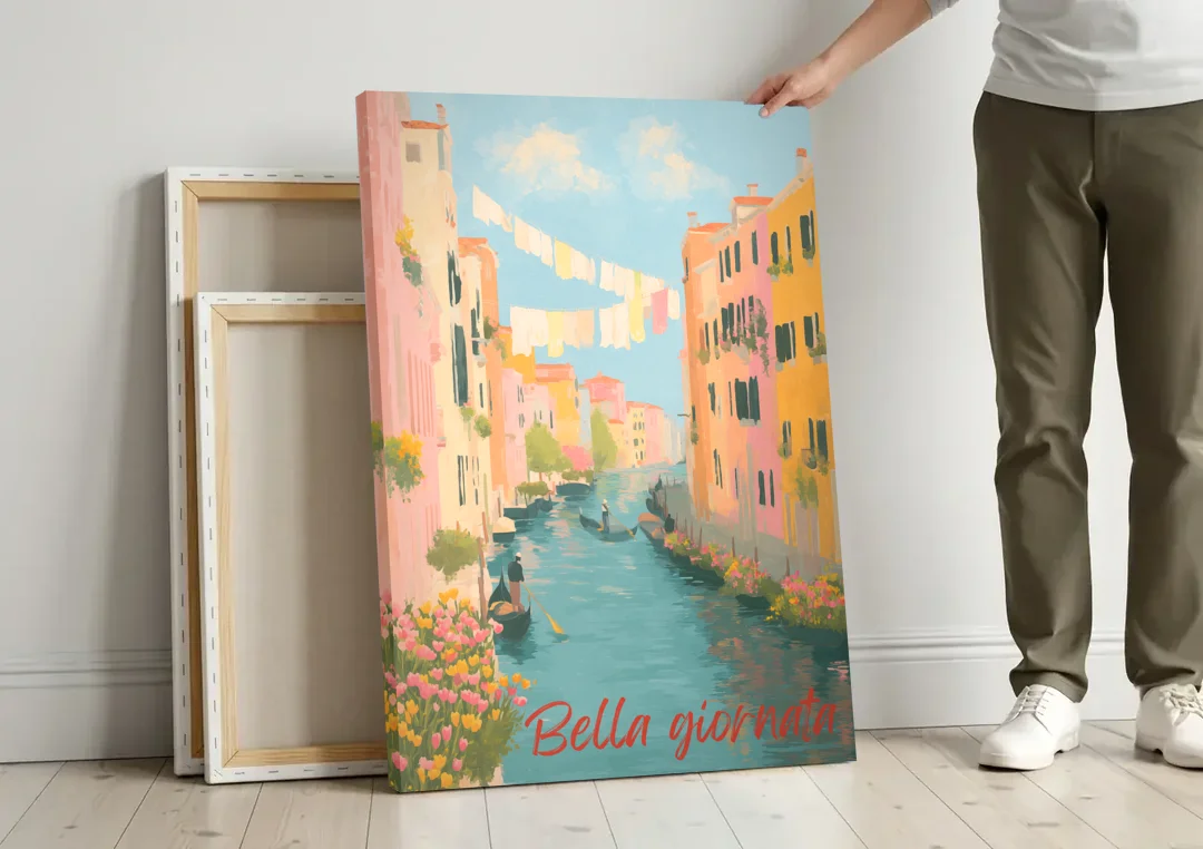 Clothesline Painting Over a Venice Canal canvas wall art leaning against a wall next to blank canvases