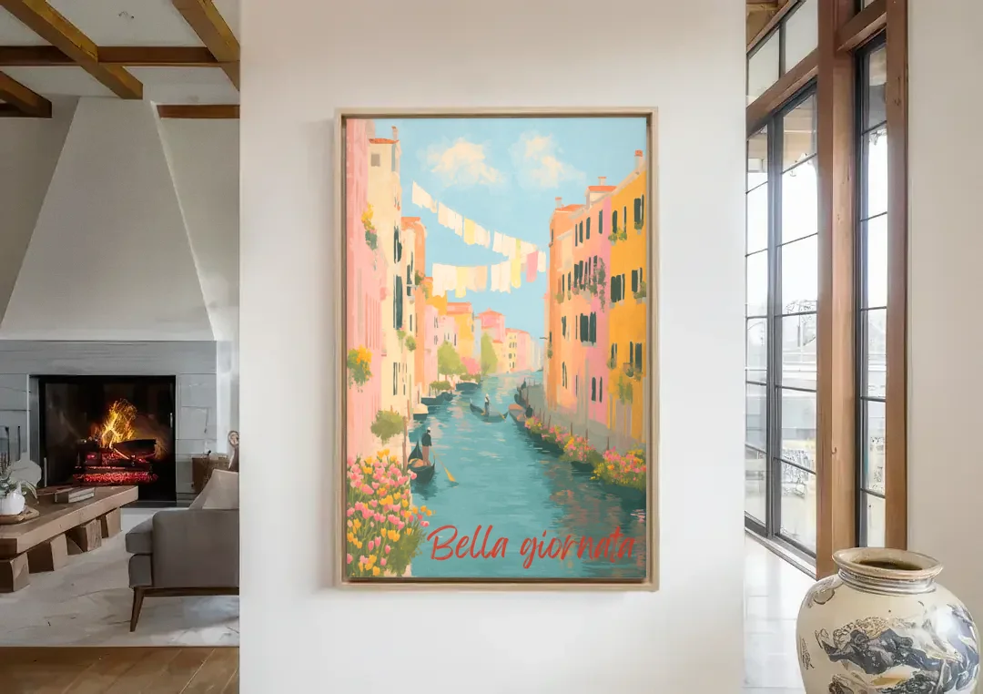 Clothesline Painting Over a Venice Canal canvas wall art in a living room with a fireplace