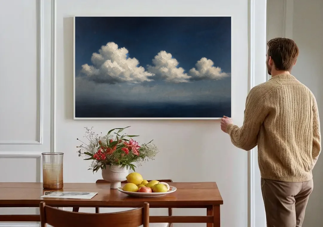 Cloud Wall Art with Three Moonlit Cumulus canvas wall art above a dining table