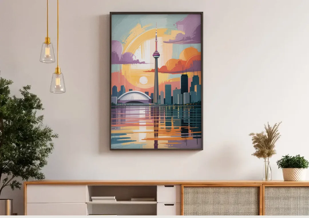 CN Tower Sunset canvas wall art above a wooden sideboard under pendant lights
