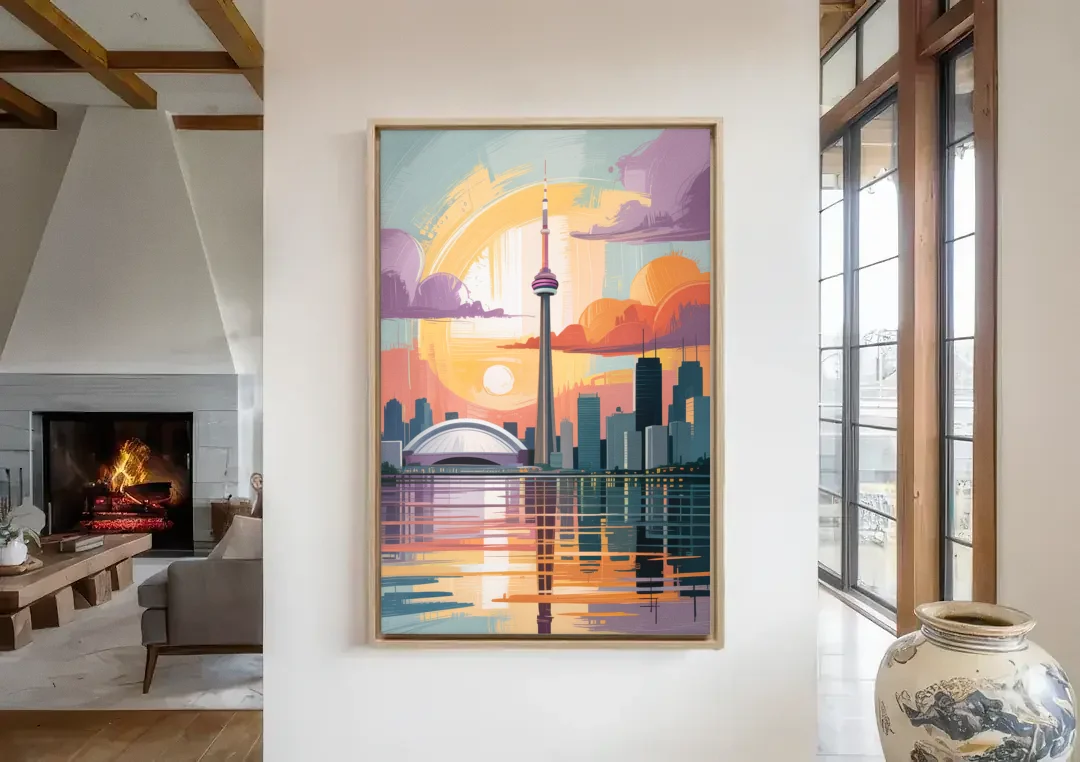 CN Tower Sunset canvas wall art in a living room with a fireplace
