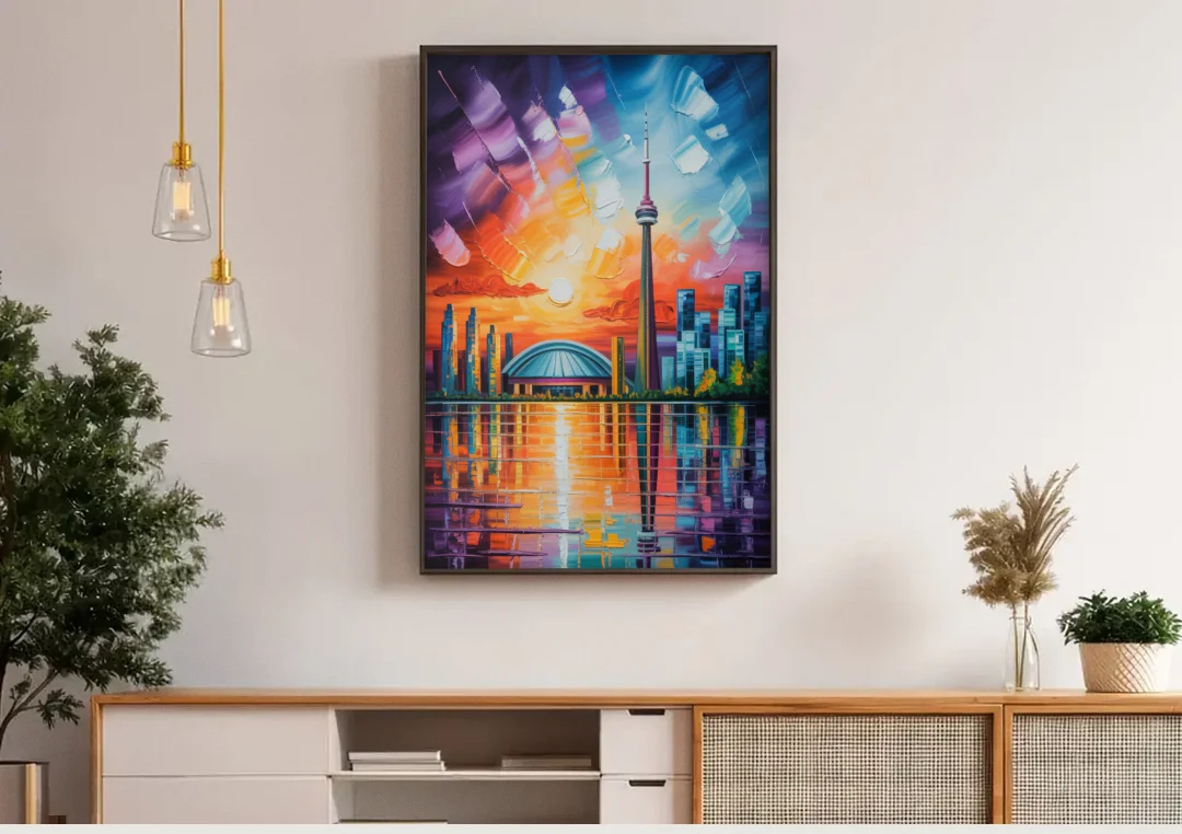CN Tower Sunset Watercolor canvas wall art above a wooden sideboard under pendant lights