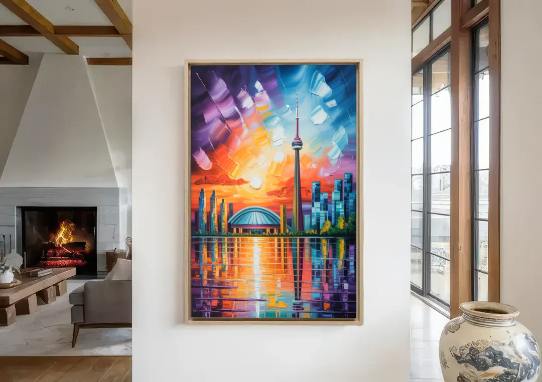 CN Tower Sunset Watercolor canvas wall art in a living room with a fireplace