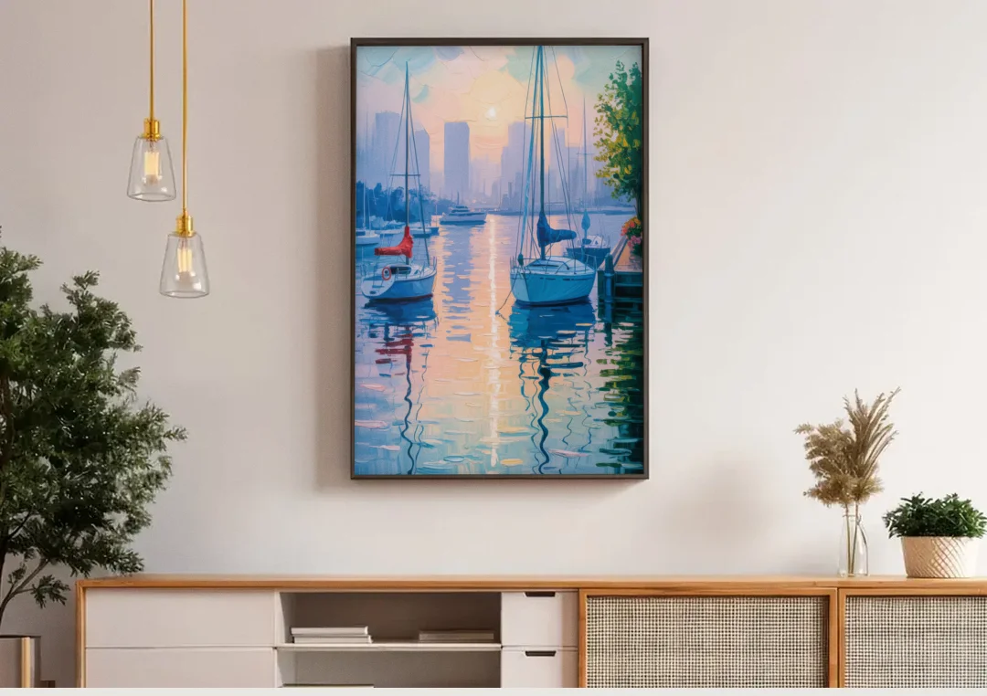 Coal Harbour Morning Light canvas wall art above a wooden sideboard under pendant lights