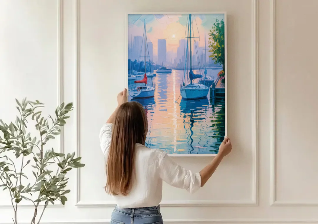 Coal Harbour Morning Light canvas wall art being hung on a paneled wall