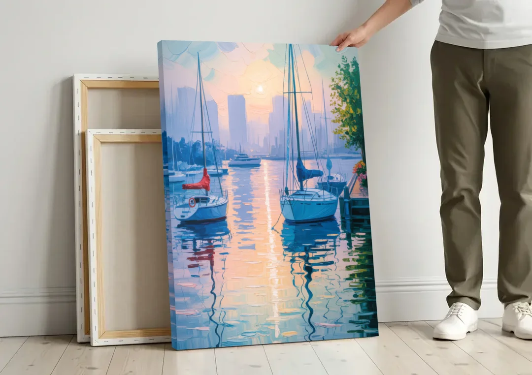 Coal Harbour Morning Light canvas wall art leaning against a wall next to blank canvases