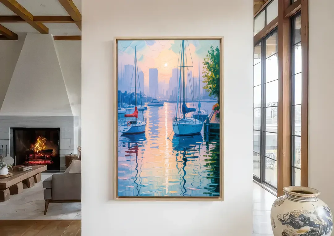 Coal Harbour Morning Light canvas wall art in a living room with a fireplace