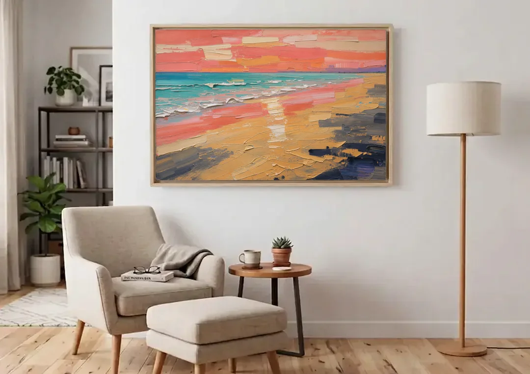 Coastal Abstract Low Tide Glow canvas wall art above an armchair in a bright living room