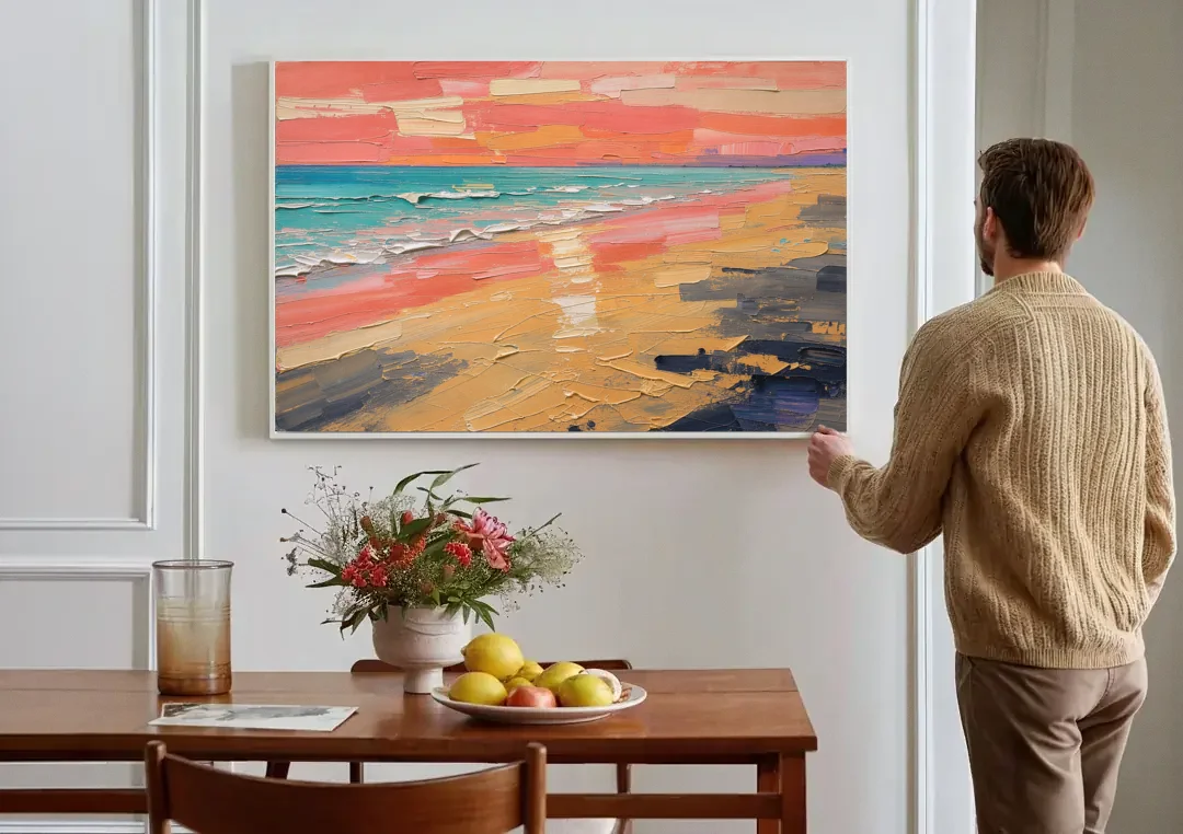 Coastal Abstract Low Tide Glow canvas wall art above a dining table