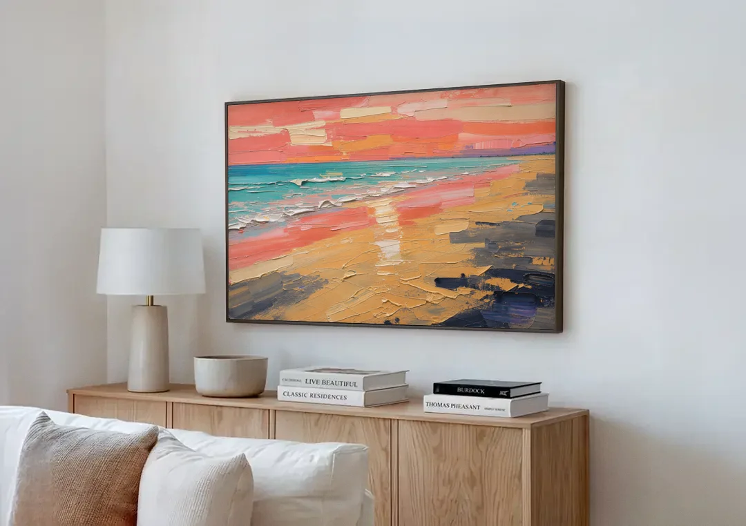 Coastal Abstract Low Tide Glow canvas wall art above a wooden sideboard next to a sofa