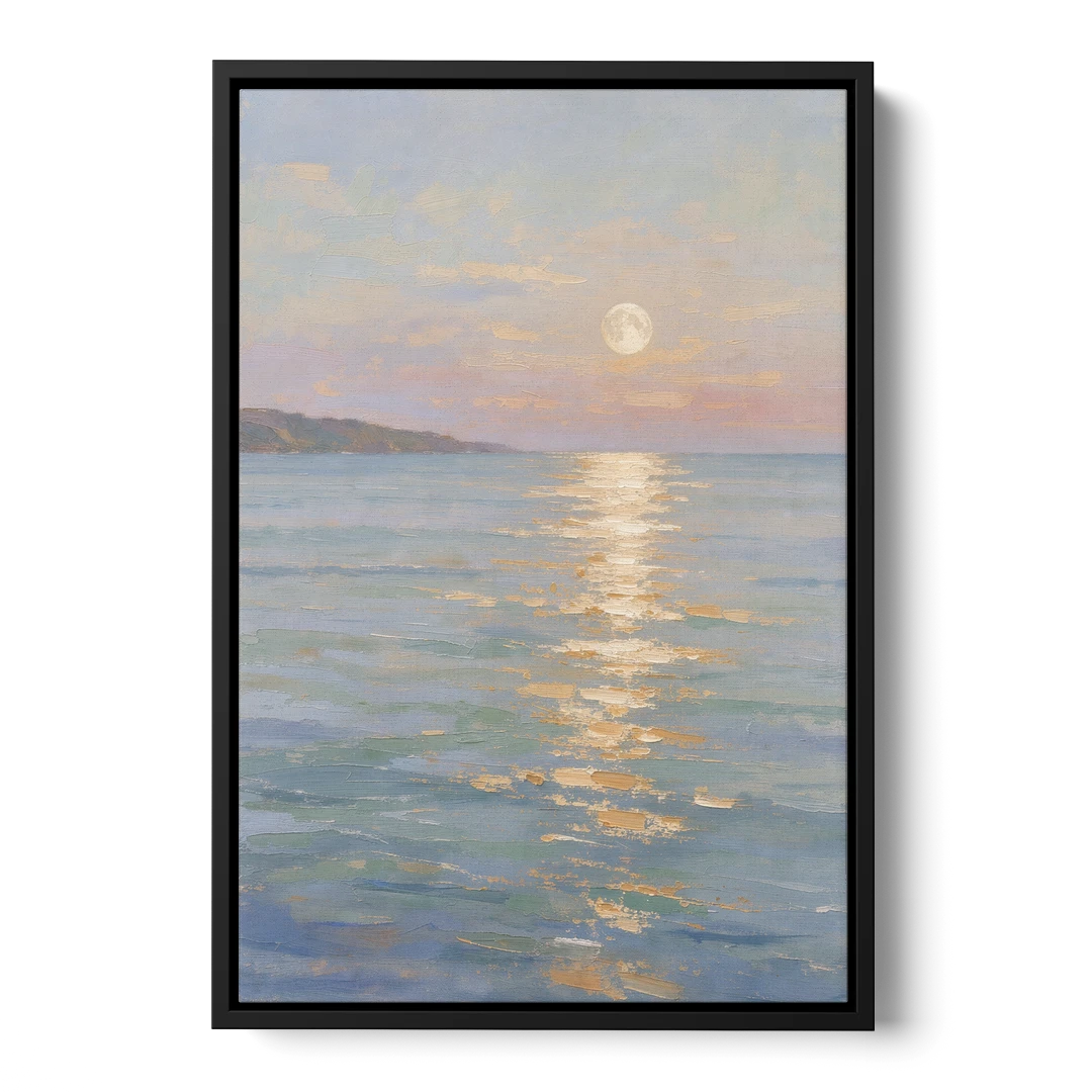 Coastal Art Prints Moon Path Over Calm Sea - Black Framed Canvas Wall Art - Front