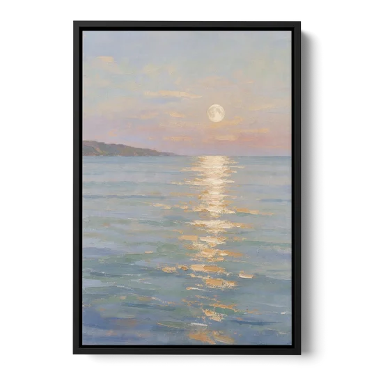 Coastal Art Prints Moon Path Over Calm Sea - Black Framed Canvas Wall Art - Front
