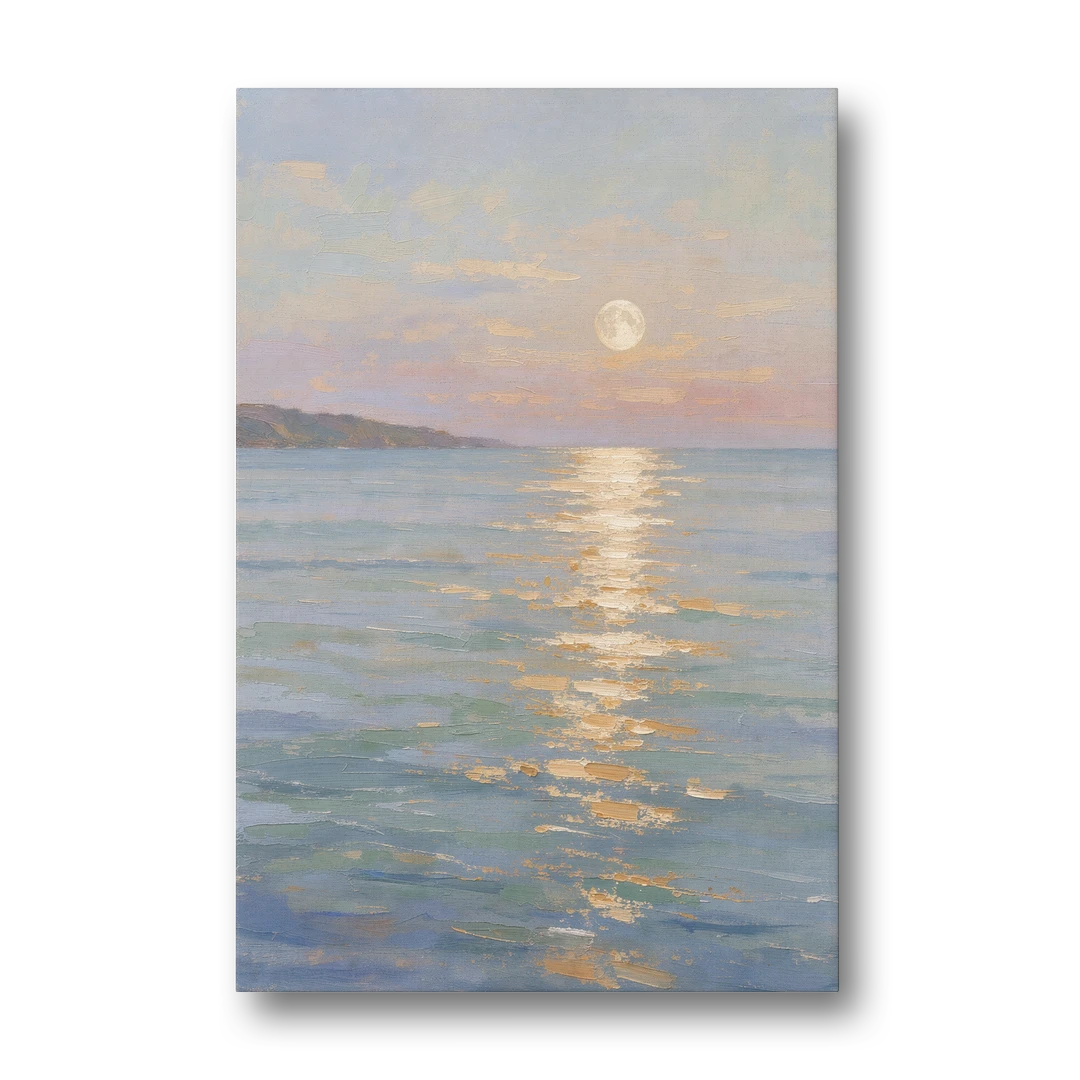 Coastal Art Prints Moon Path Over Calm Sea - Canvas Wall Art - Front